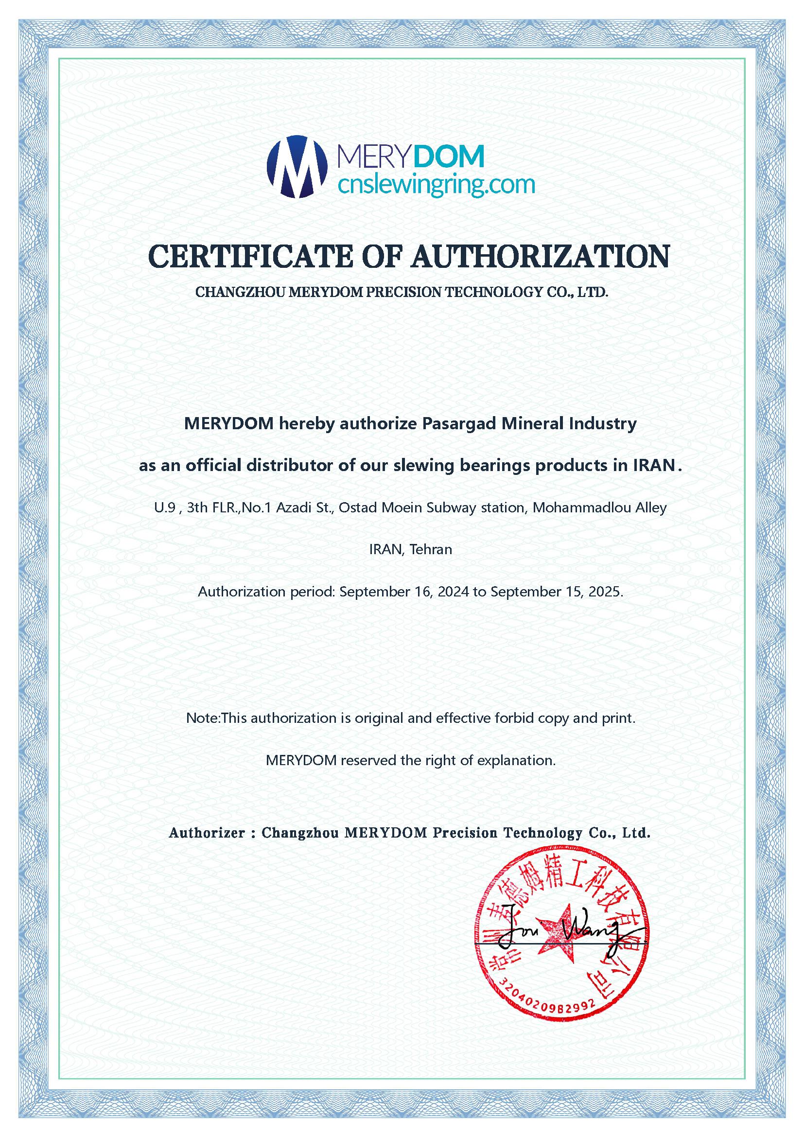 CERTIFICATE OF AUTHORIZATION FOR Pasargad